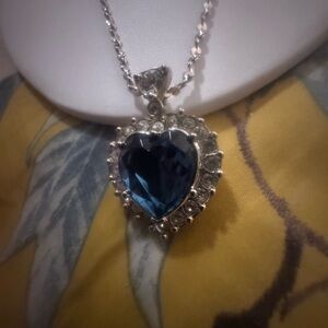 Heart Pendant Necklace and Earring Set with Deep Blue Crystal Center